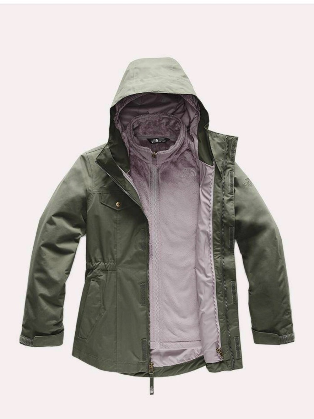 North Face Osolita Olive Green 3 in 1 Hooded Jacket with Lavender zip in Lining